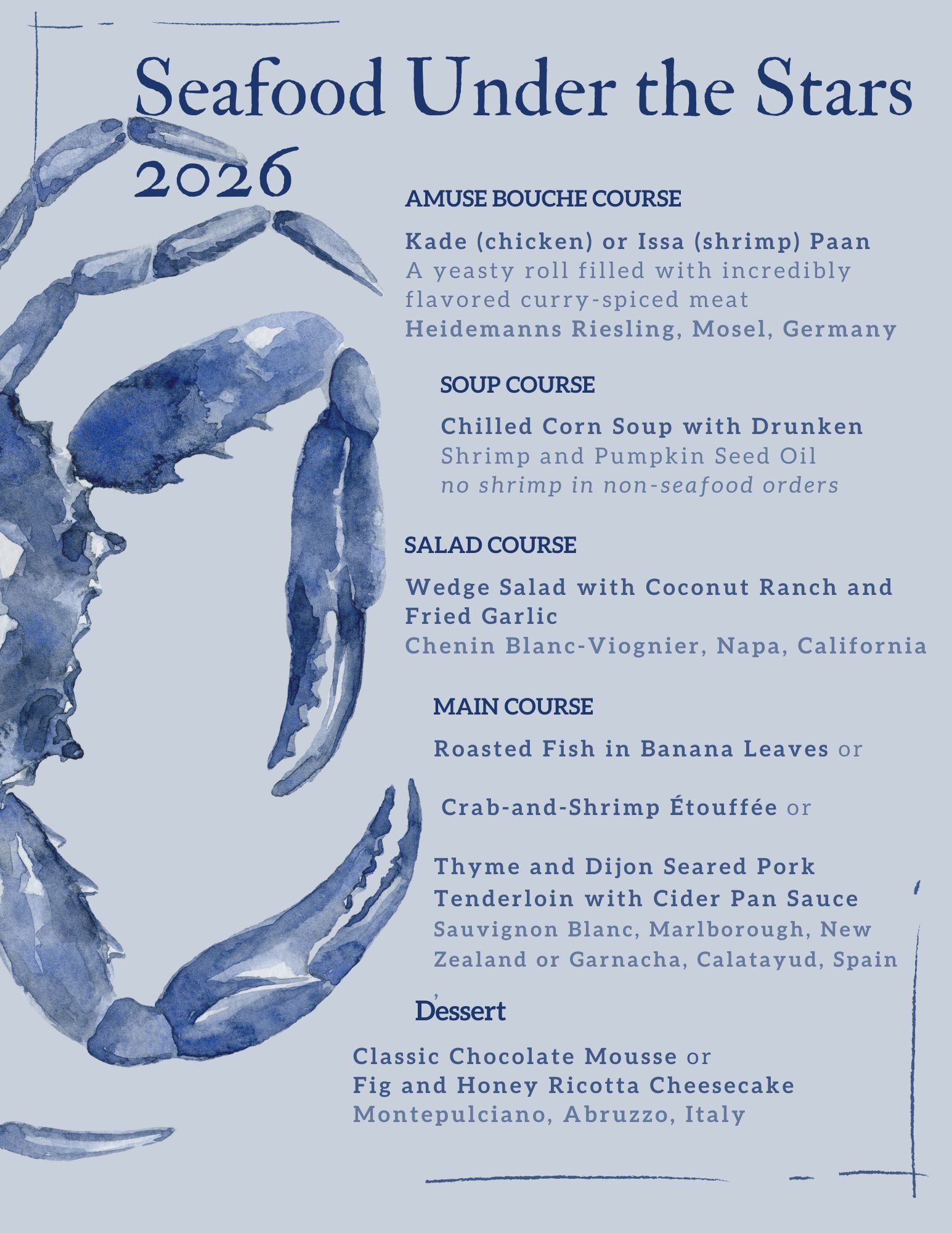 2026 Seafood Under the Stars menu featuring fresh NC Seafood, locally sourced. 