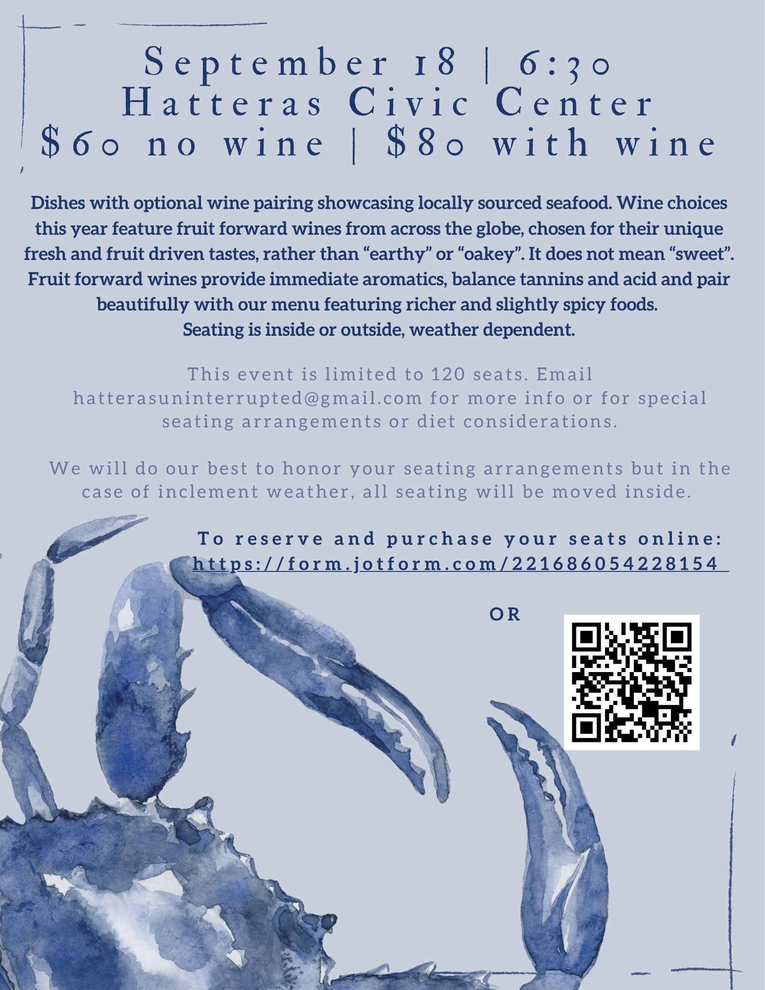 Description of the Seafood Under the Stars dinner and wine choices.  Time and location of event and ticket information. 